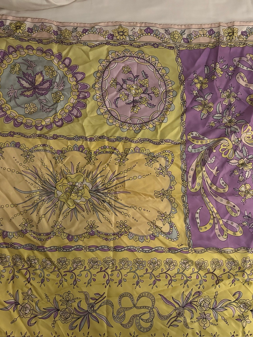 Floral Patchwork Silk-Feel Scarf in Yellow & Lavender